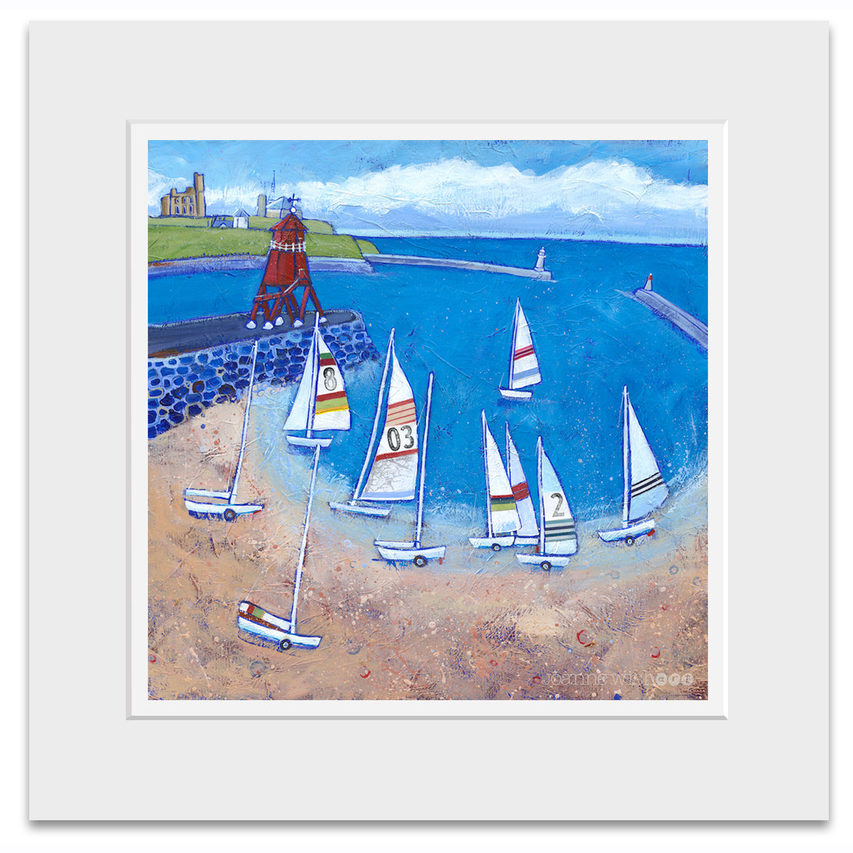 A mounted print of South Shields groyne with sailing boats in the bay and Tynemouth Priory in the distance.