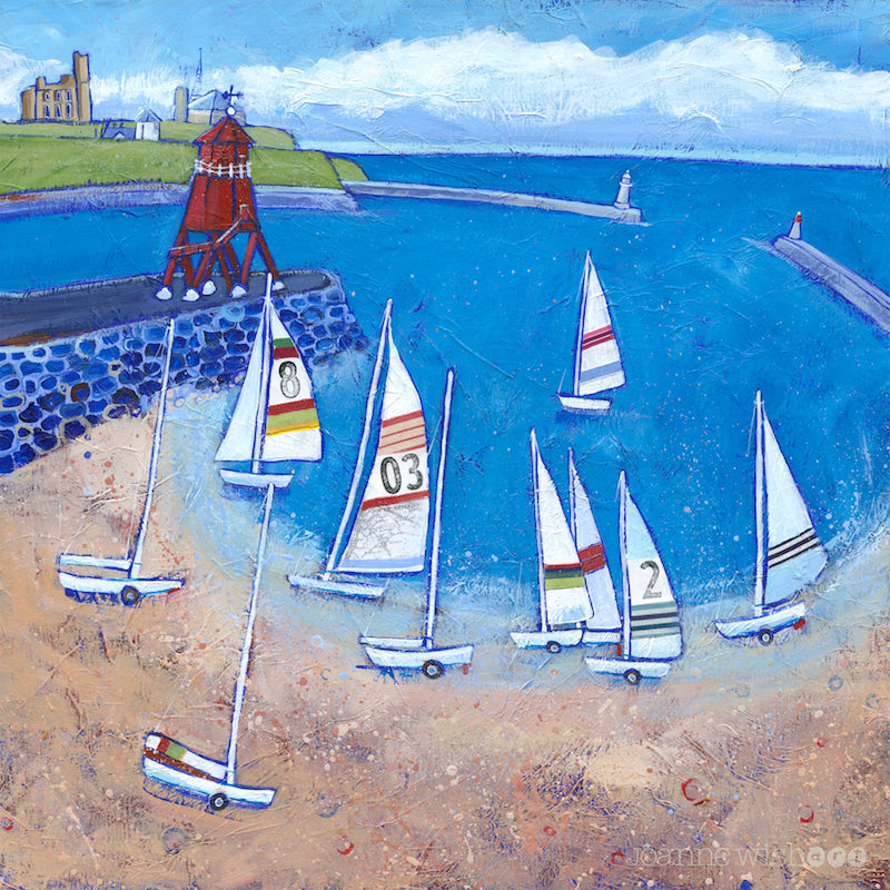 A summery print of South Shields groyne with sailing boats in the bay and Tynemouth priory in the distance.