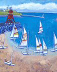 A summery print of South Shields groyne with sailing boats in the bay and Tynemouth priory in the distance.