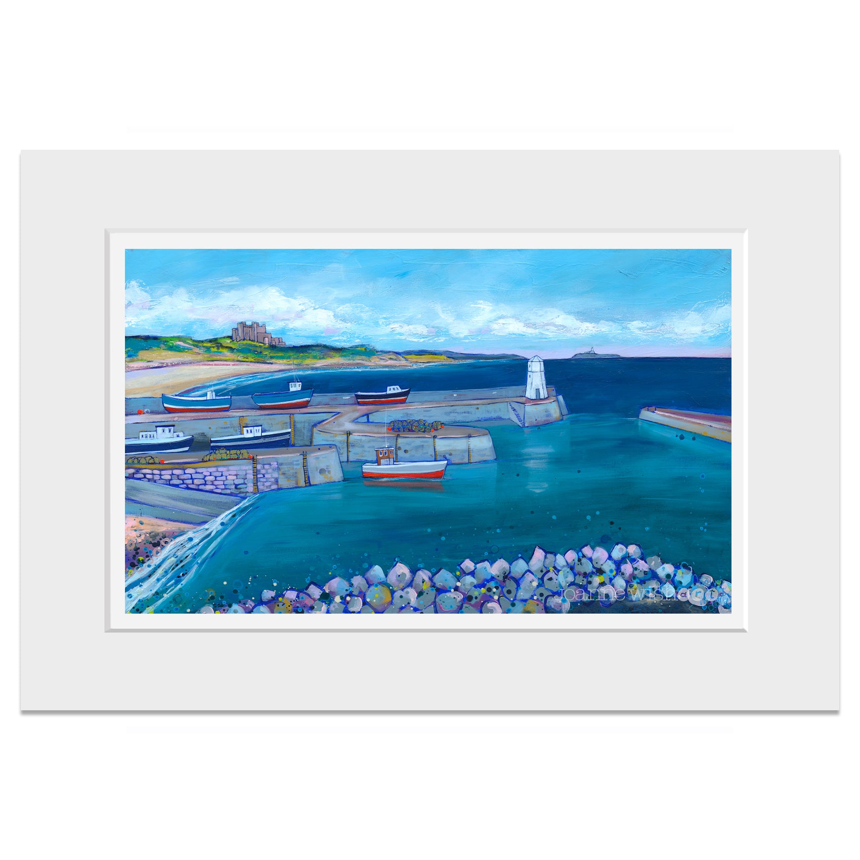 A mounted print of Seahorses harbour in Northumberland.