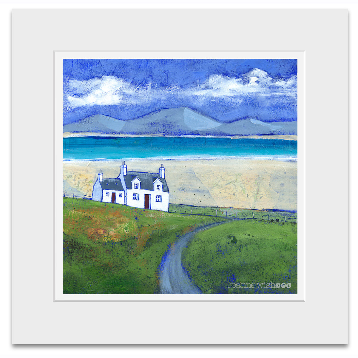 a mounted fine art print of the Isle of Sky featuring a white stone cottage.