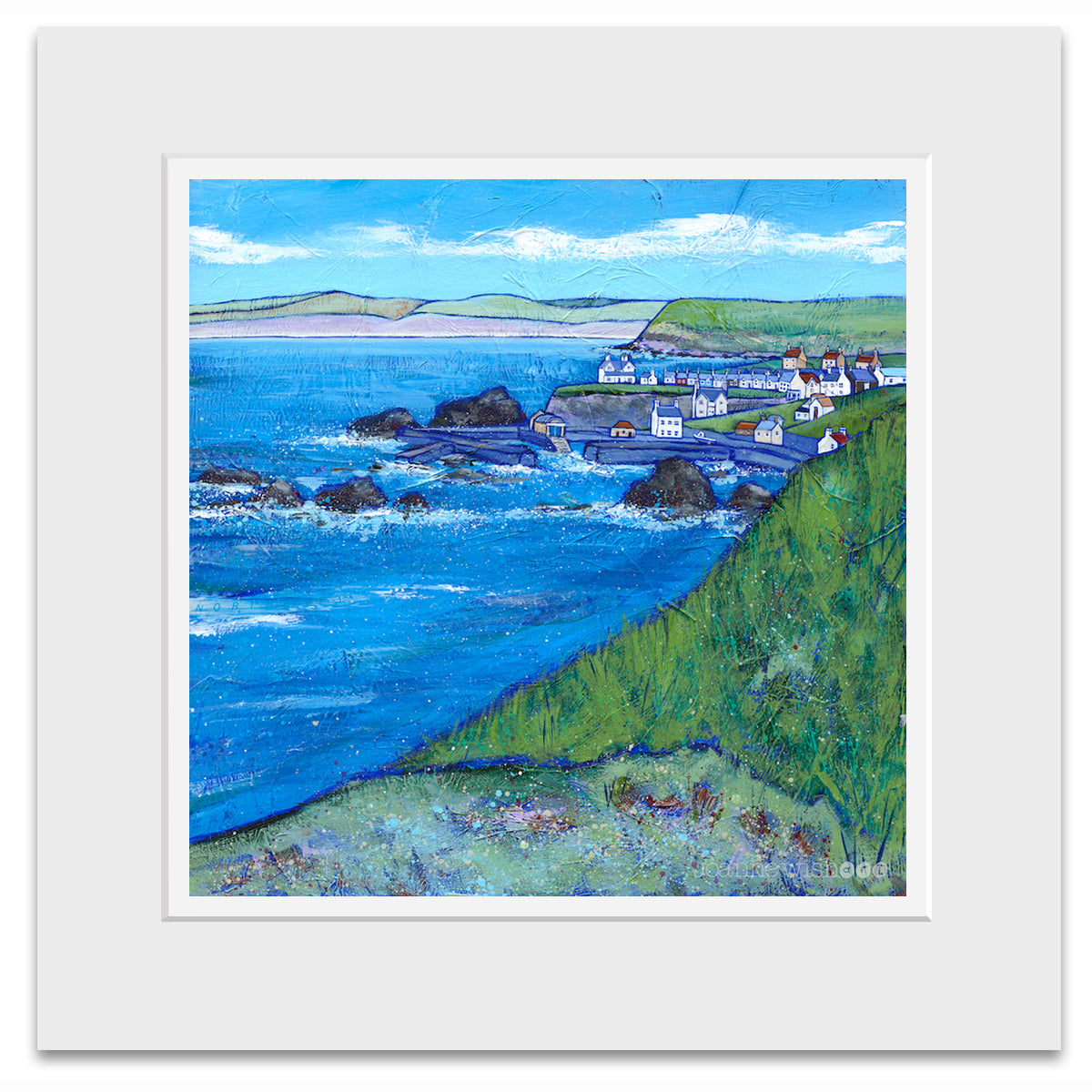 A mounted print of St Abbs from a distant view point.