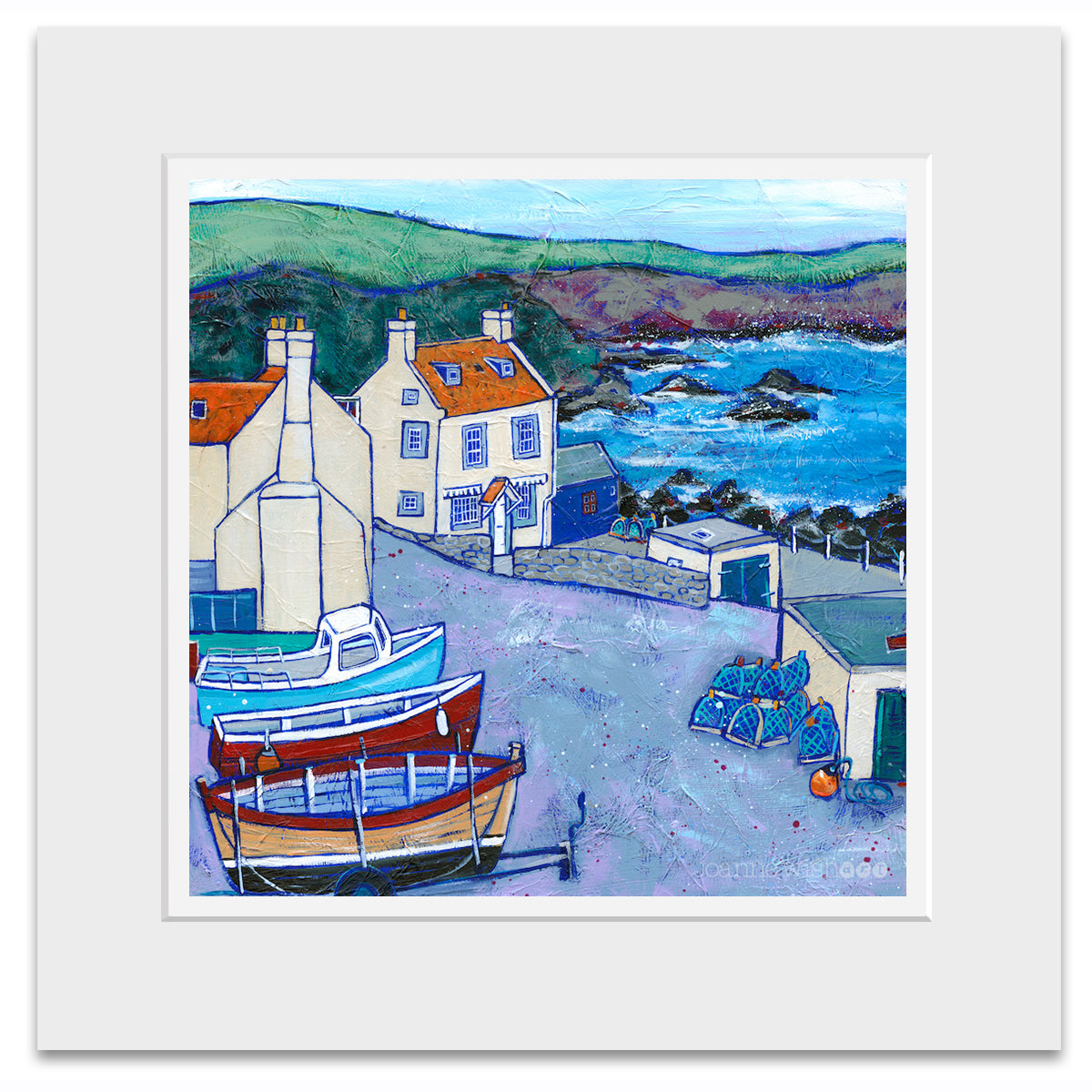 A mounted print of St Abbs cottages and fishing boats .