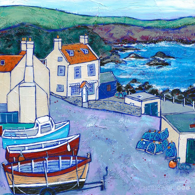 a print of the fishing boats and cottages in St Abbs Harbour.