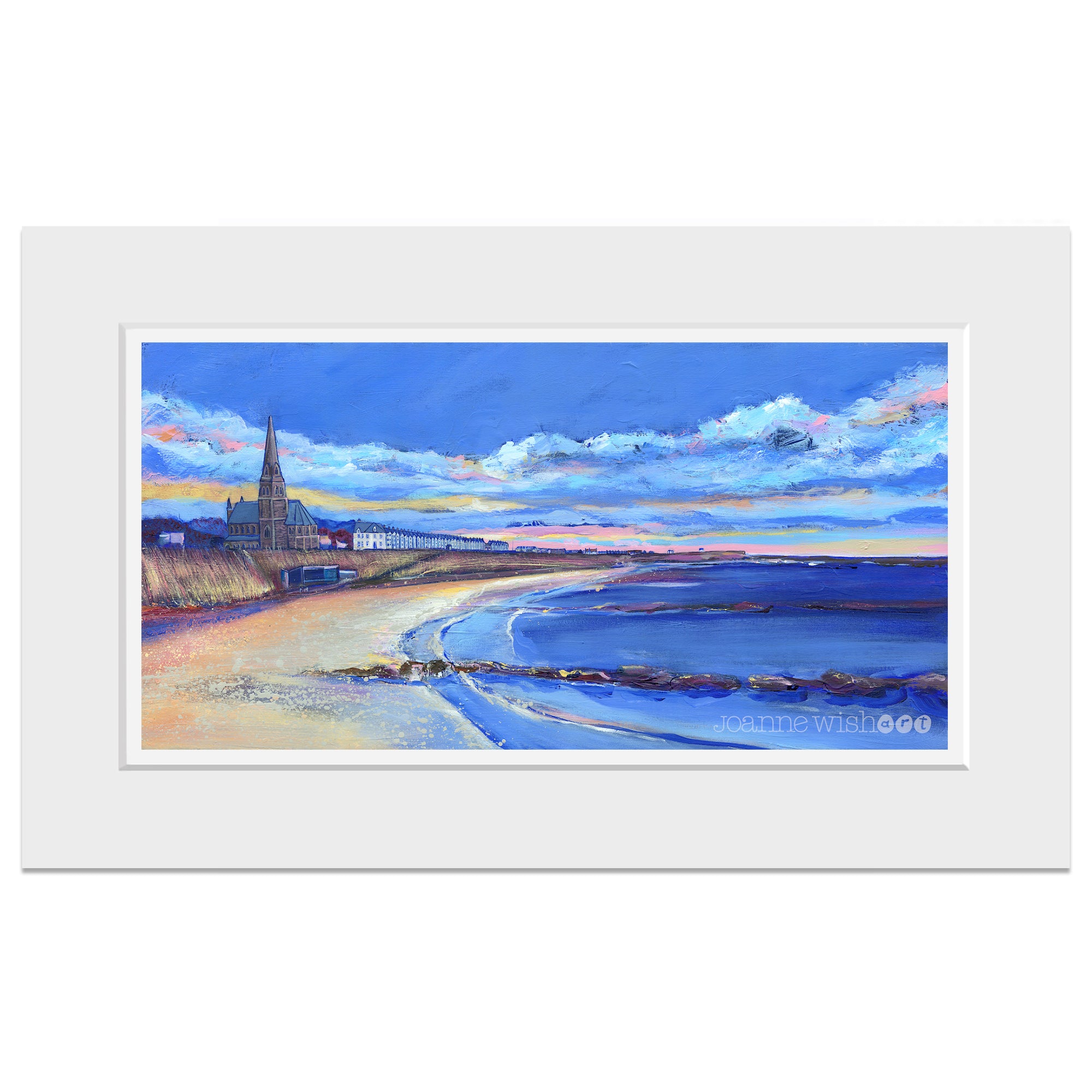 A mounted print of St Georges Church featuring Longhands beach and a warm glowing skyline.