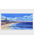 A mounted print of St Georges Church featuring Longhands beach and a warm glowing skyline.