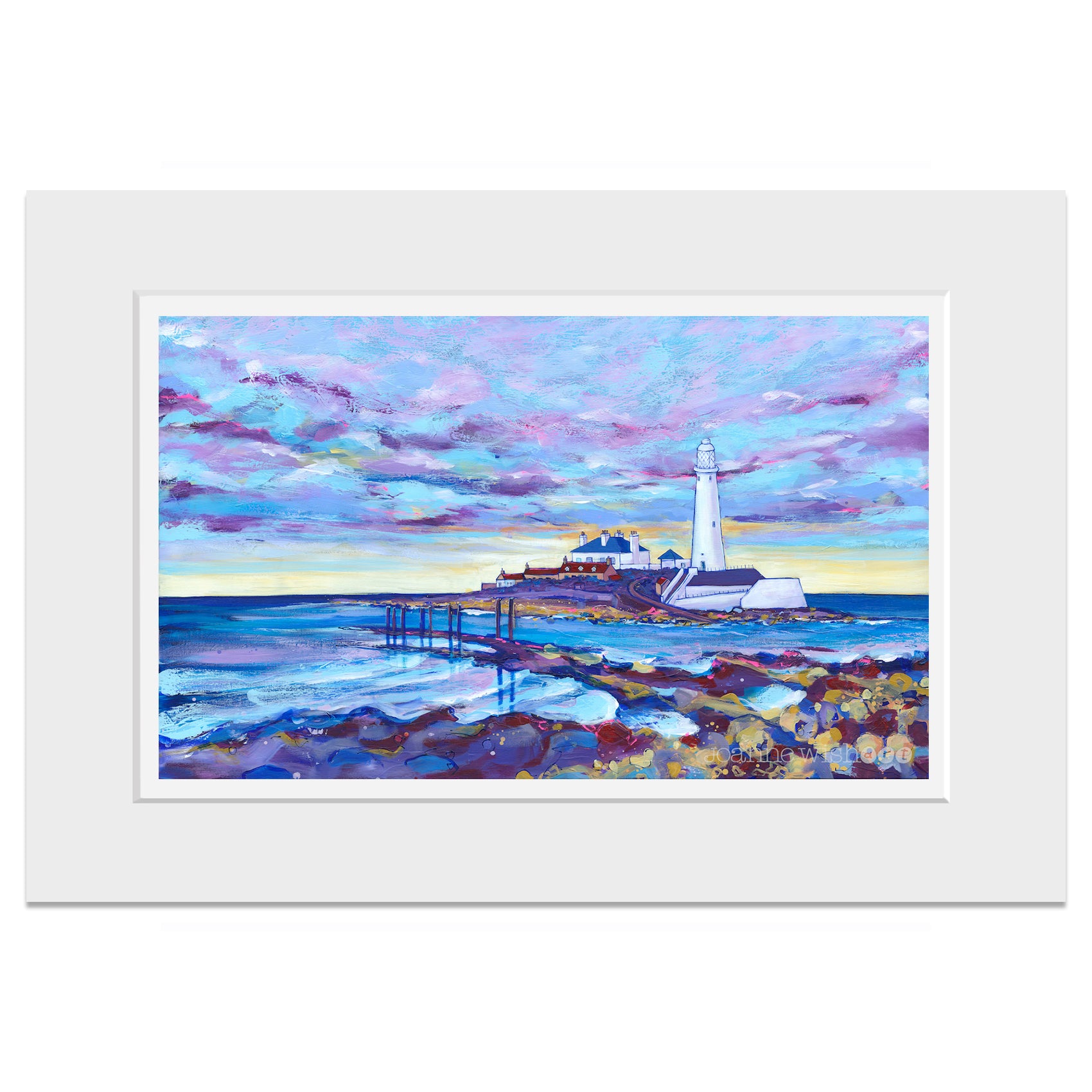 A mounted print featuring the coastal landscape of St Mary's Lighthouse with a lavender evening sky hanging over the north sea. Pools of water glisten in the rocks.