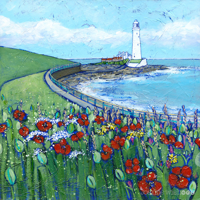 A print of St Mary's Lighthouse with a field of wildflowers in the foreground. 