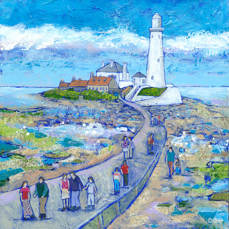 A summery fine art print of St Mary's lighthouse with families rock pooling on the causeway.