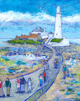 A summery fine art print of St Mary's lighthouse with families rock pooling on the causeway.
