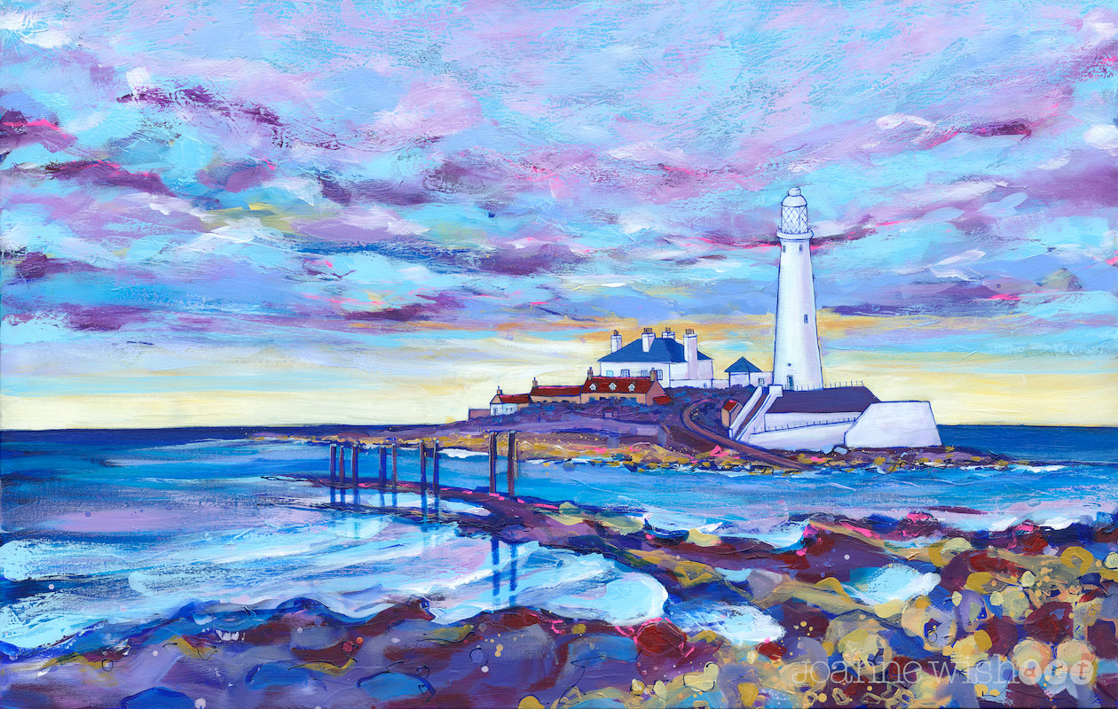A warm lavender evening skyline over St Mary&#39;s lighthouse on the North East coastline is captured in this art print by Joanne Wishart.
