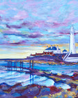 A warm lavender evening skyline over St Mary's lighthouse on the North East coastline is captured in this art print by Joanne Wishart.