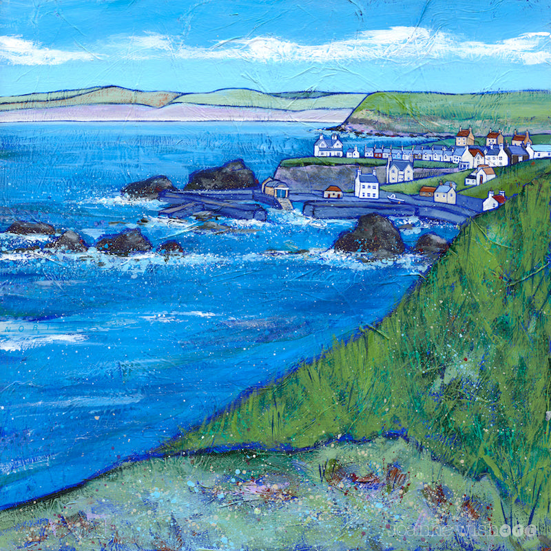 A square print of St Abbs Harbour from a distant viewpoint , featuring an expanse of sea and rock formations.