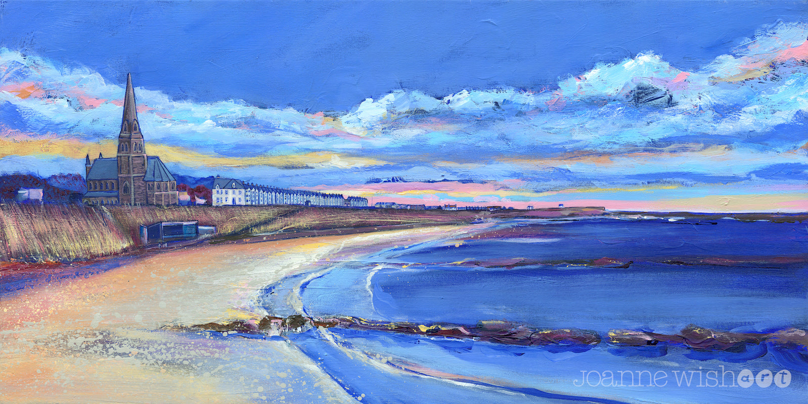 A landscape print featuring St Georges Church and Longsands beach with a warm evening skyline.