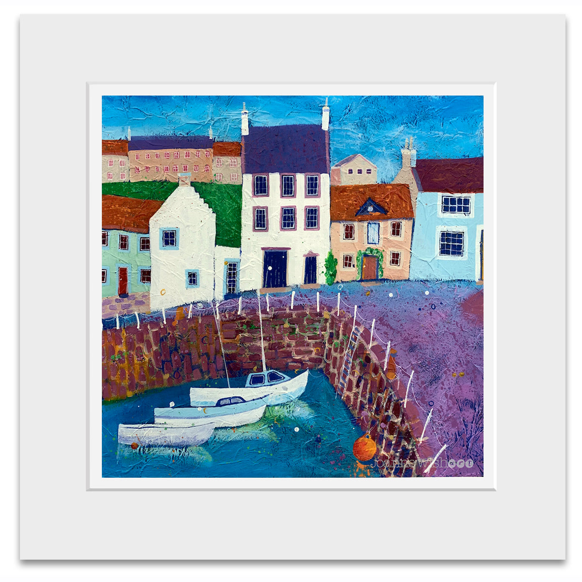 A mounted print of Crail harbour in Fife. 