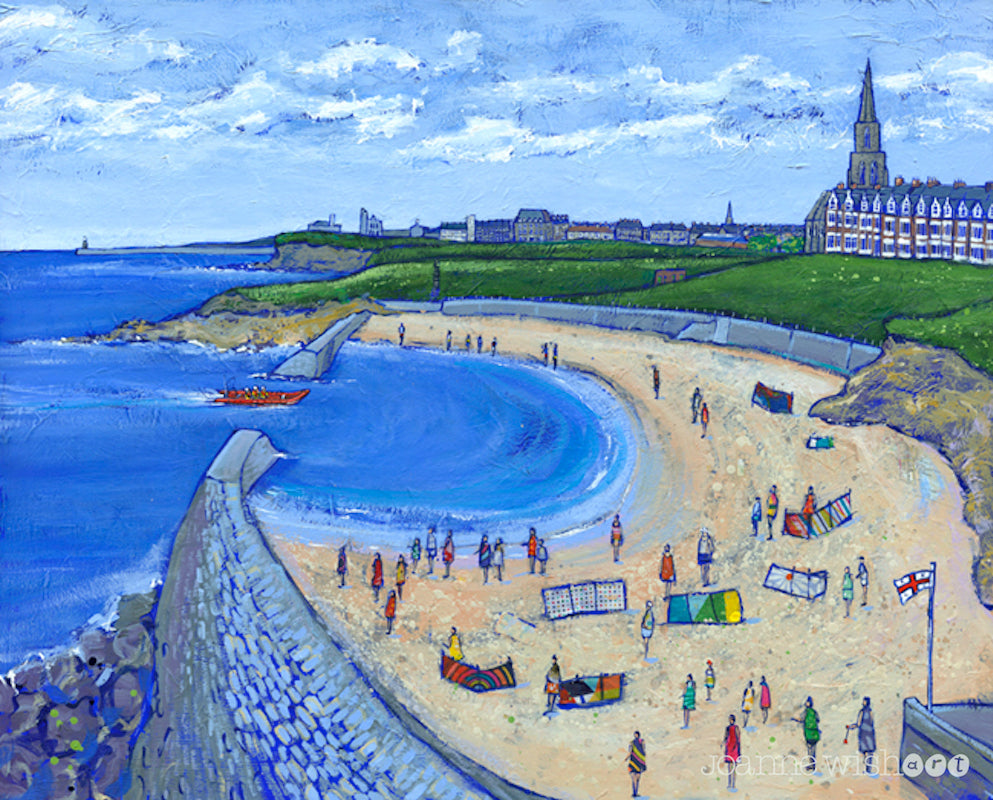 A fine art print of cullercoats with the RNLI lifeboat on the sea.