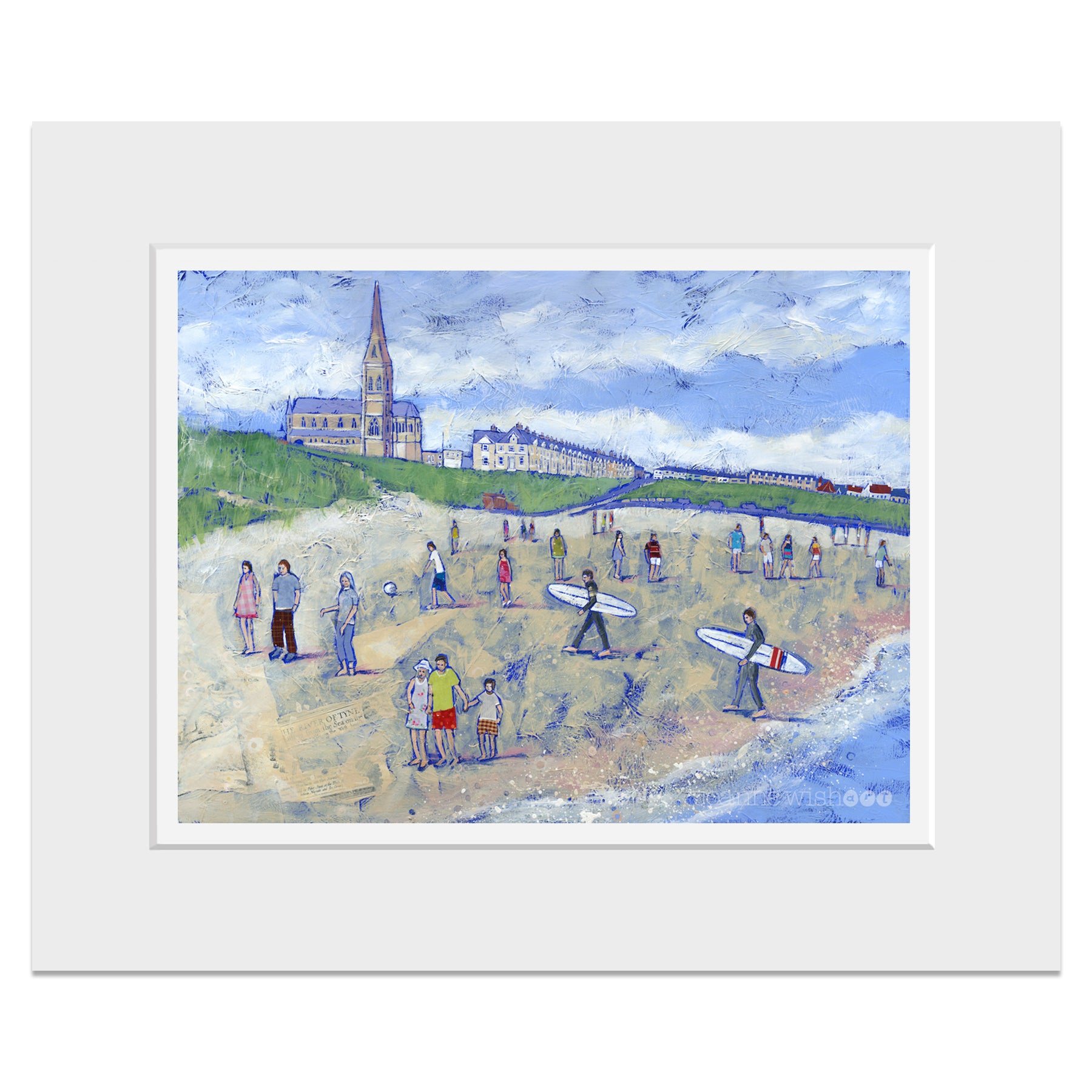 A mounted print of Longsands Beach featuring  families and surfers.
