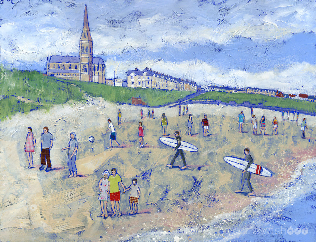 A print of a busy summers day on Longsands beach with St Georges Church in the distance.