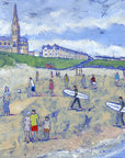 A print of a busy summers day on Longsands beach with St Georges Church in the distance.