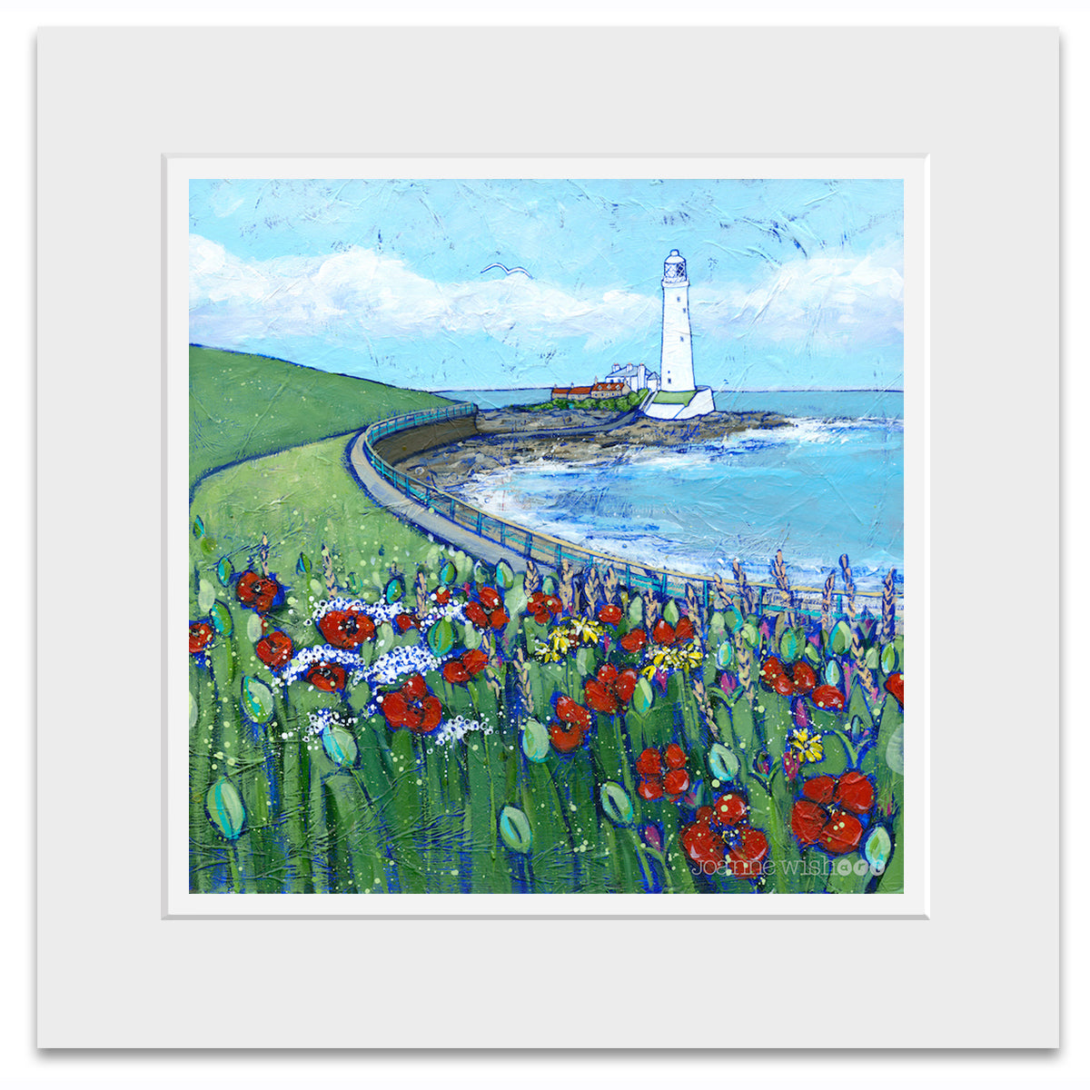 A mounted print of St Mary's Island featuring bright red poppies in the foreground.