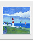 A mounted print of Souter lighthouse featuring sailing boats out at sea and people walking by.