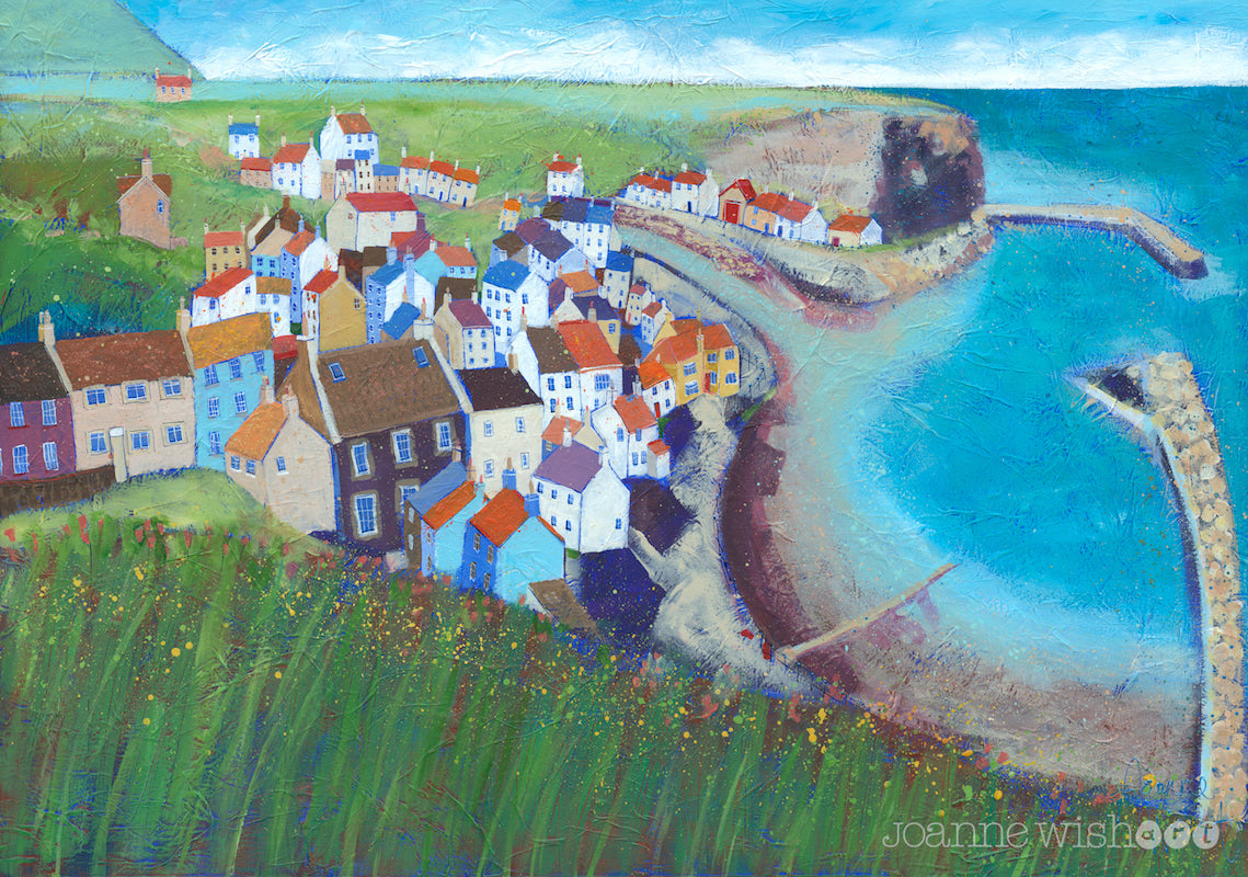 A colourful art print of Staithes as seen from the clifftop.