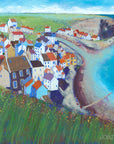 A colourful art print of Staithes as seen from the clifftop.