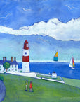 A colourful print of Souter lighthouse with sailing boats cruising on the water .