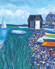 The river Al is seen on the left hand side of the piece with a small white sail boat meandering down and green fields in the distance. Colourful upturned numbered boats are visible on the riverside in front of the ferry hut; a small black wooden building with a white door. Stone building are also situated on the right hand side of the piece under a light blue cloudy sky