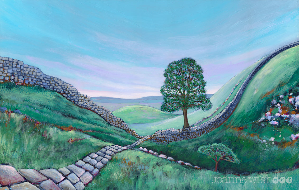 A green tree sits in the landscape of rolling hills with a cobbled stone wall following the dip in the hill. There is a baby tree in the foreground. The sky is a subtle pink and blue.  