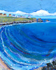 A painting of the view from Coldingham Bay beach towards St Abbs sitting on the clifftop.