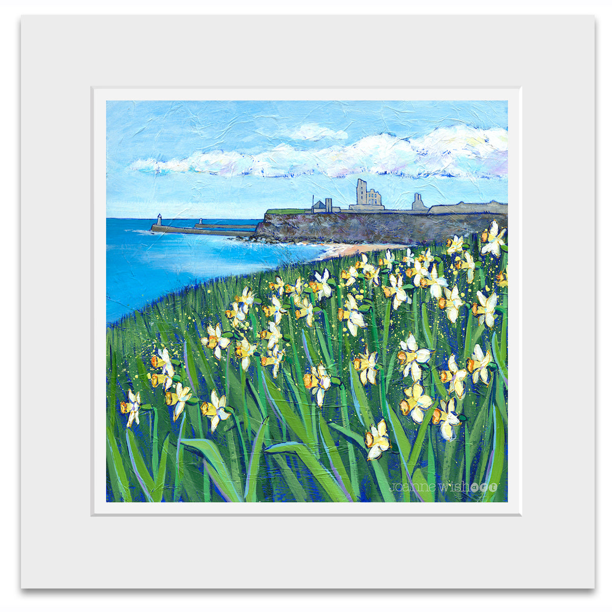 A mounted print of bright yellow daffodils with Tynemouth Priory in the distance.