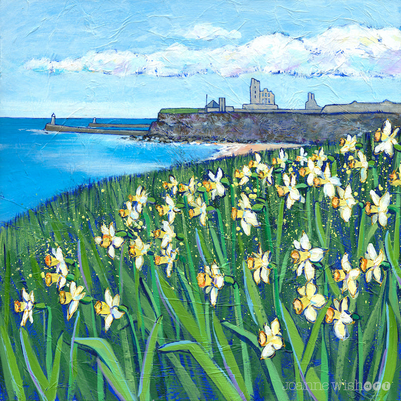 A print of brightly yellow coloured daffodils with Tynemouth Priory in the distance.