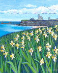 A print of brightly yellow coloured daffodils with Tynemouth Priory in the distance.