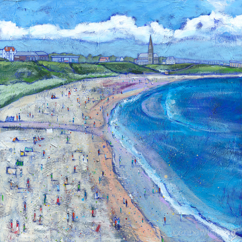 A fine art print of longhands beach on a summers day with St Georges church in the background.