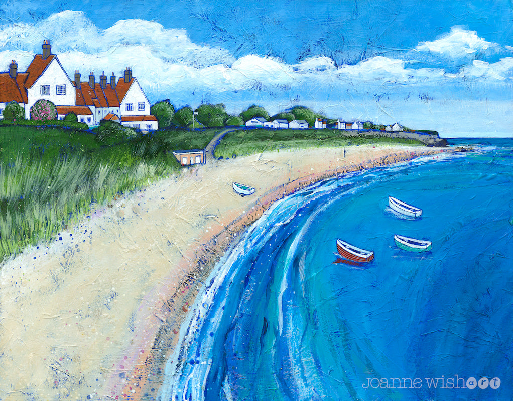 A print of Whitburn Beach featuring the bents and noble boats bobbing on the water.