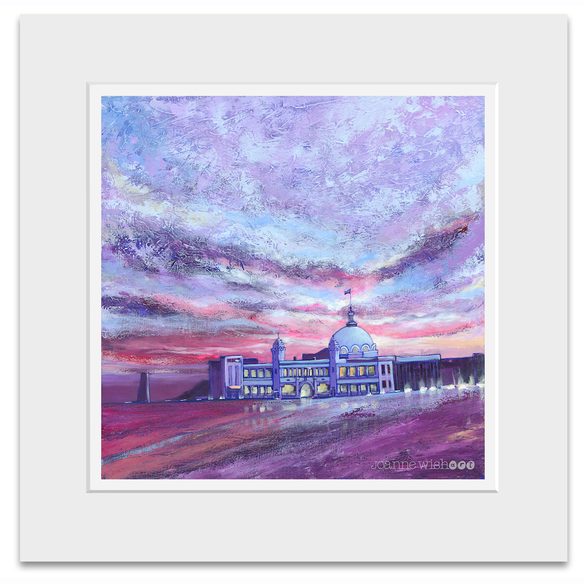 A mounted print of the Iconic whitley bay dome with a dramatic purple skyline.