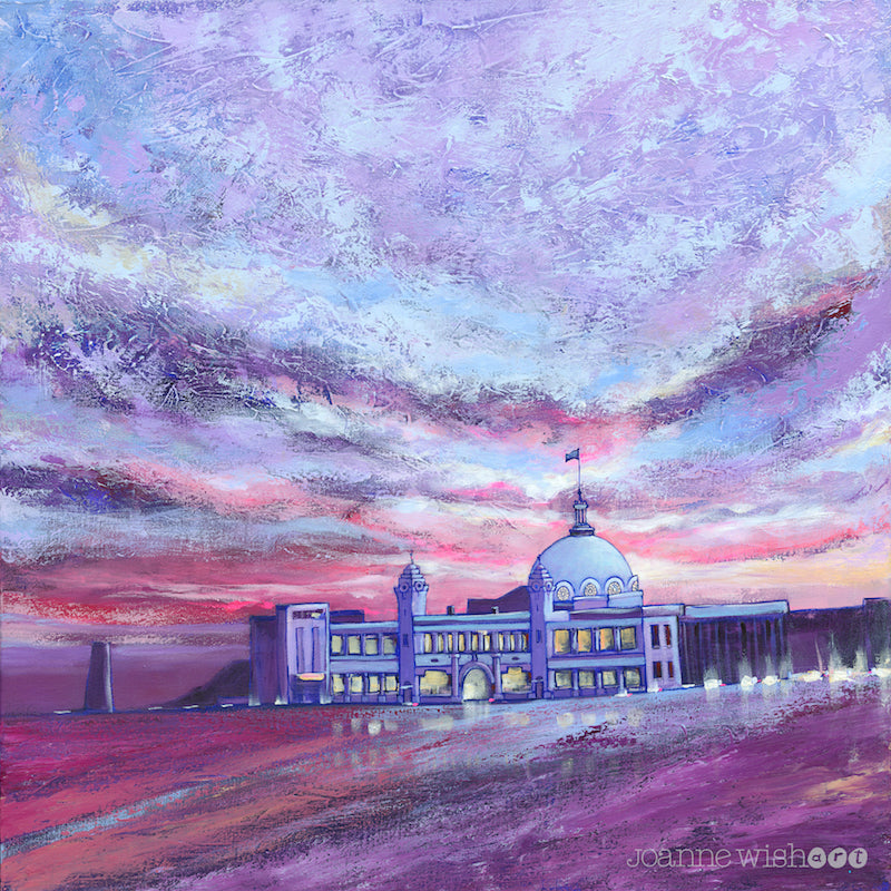 A dramatic purple skyline of clouds id featured in this art print of Whitley Bay Dome.