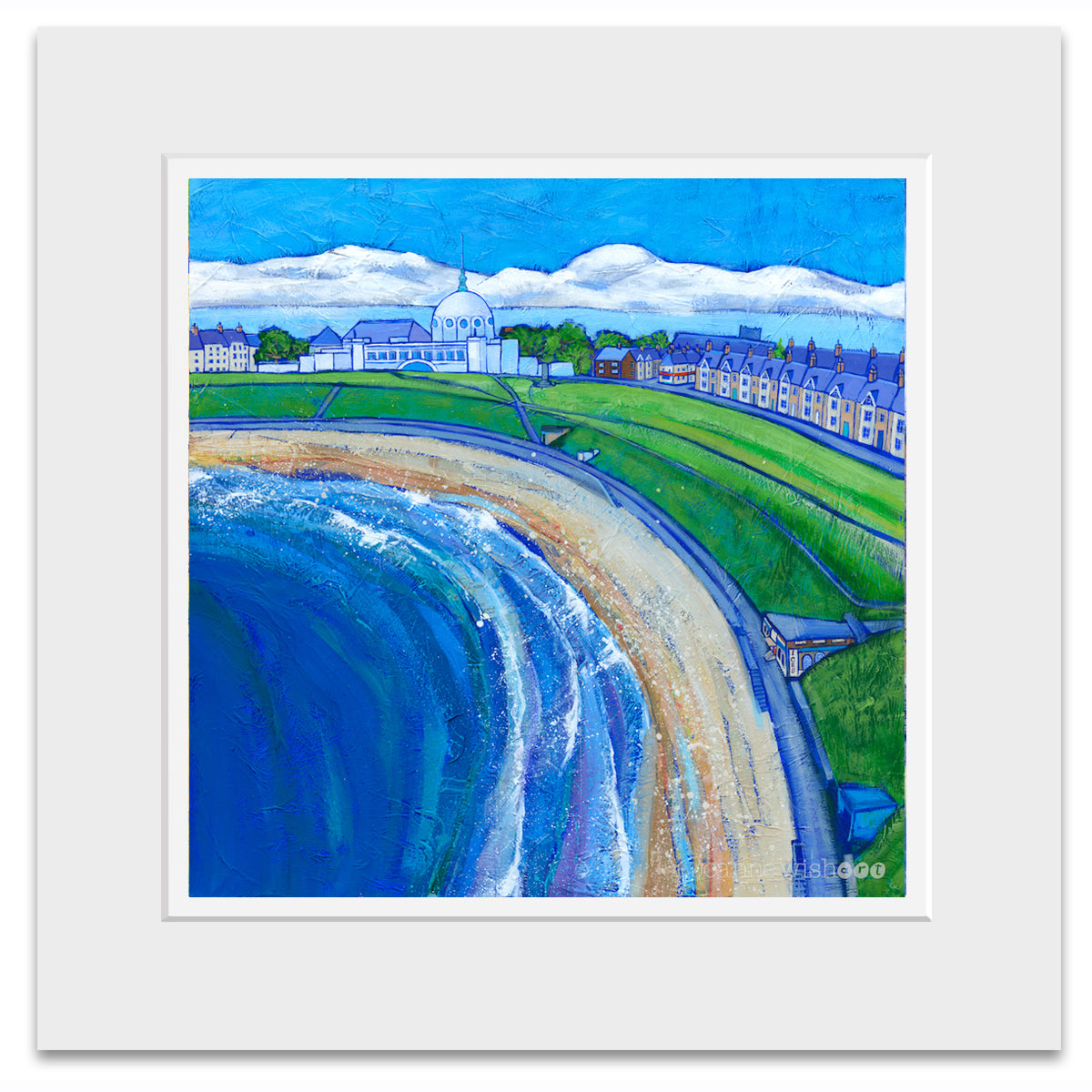 A mounted print of Whitley Bay dome and beach.