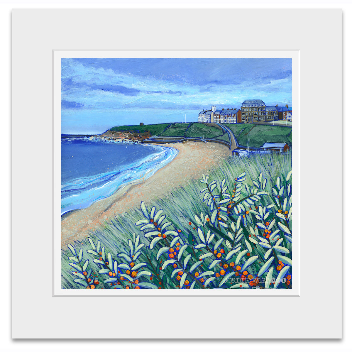 A mounted print of Tynemouth longhands featuring the grand hotel as seen from the dunes. Bright orange berries sway in the grasses. 