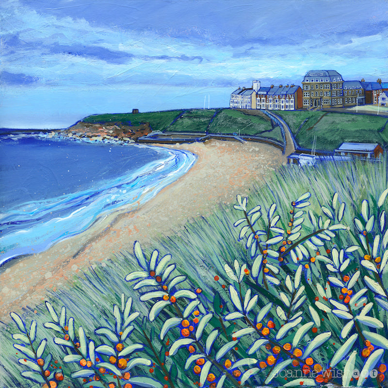 A print of the grand hotel, Tynemouth as seen from the dunes with orange berries in the foliage.