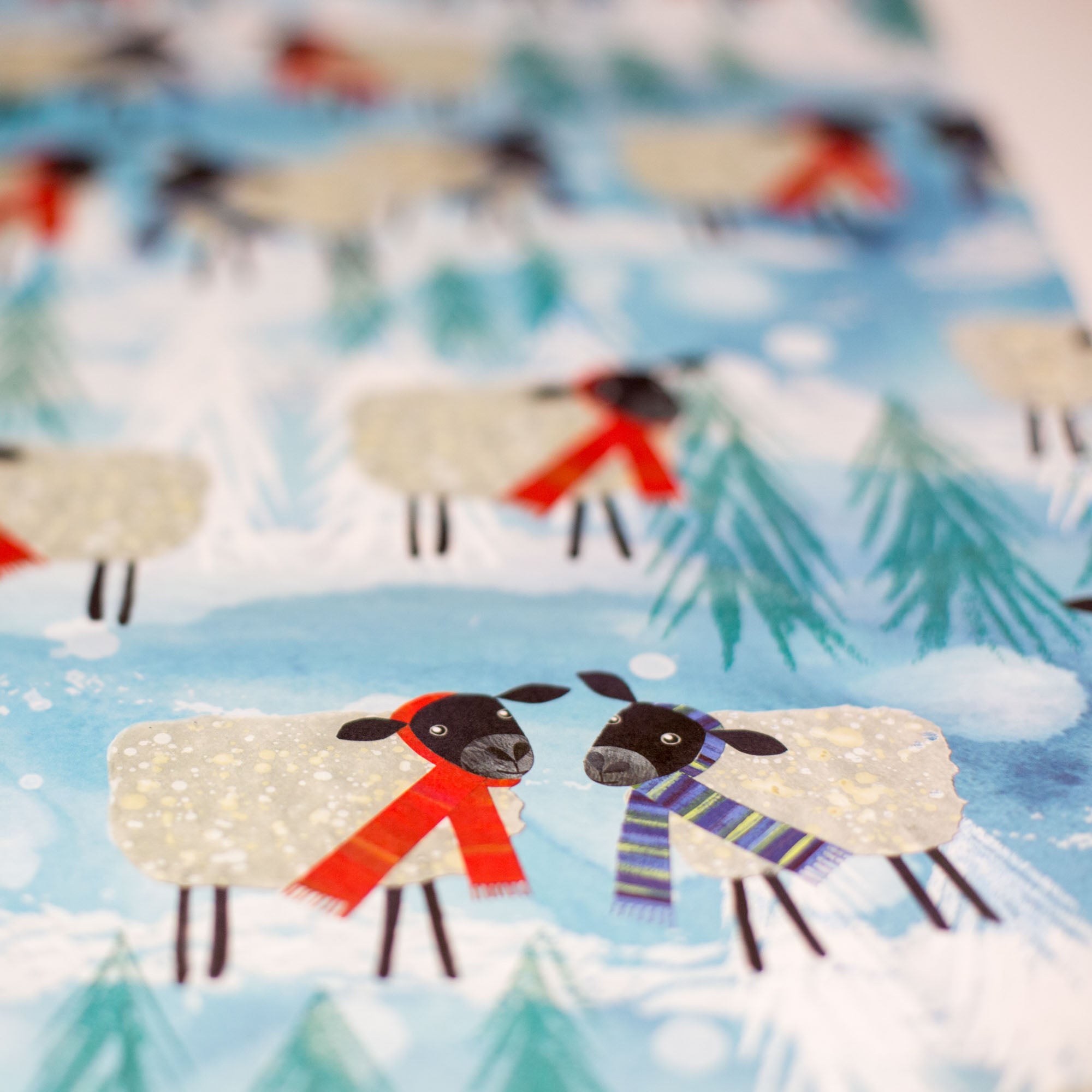 Close up view of the wrapping paper. In focus are two black-headed sheep facing each other. One wears a red scarf while the other wears a purple toned striped scarf. The background is blue with Christmas trees and snow dispersed between the cheery characters.