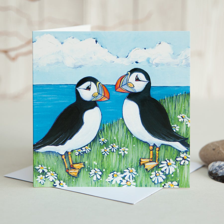 Puffin and Daisies Greetings Card