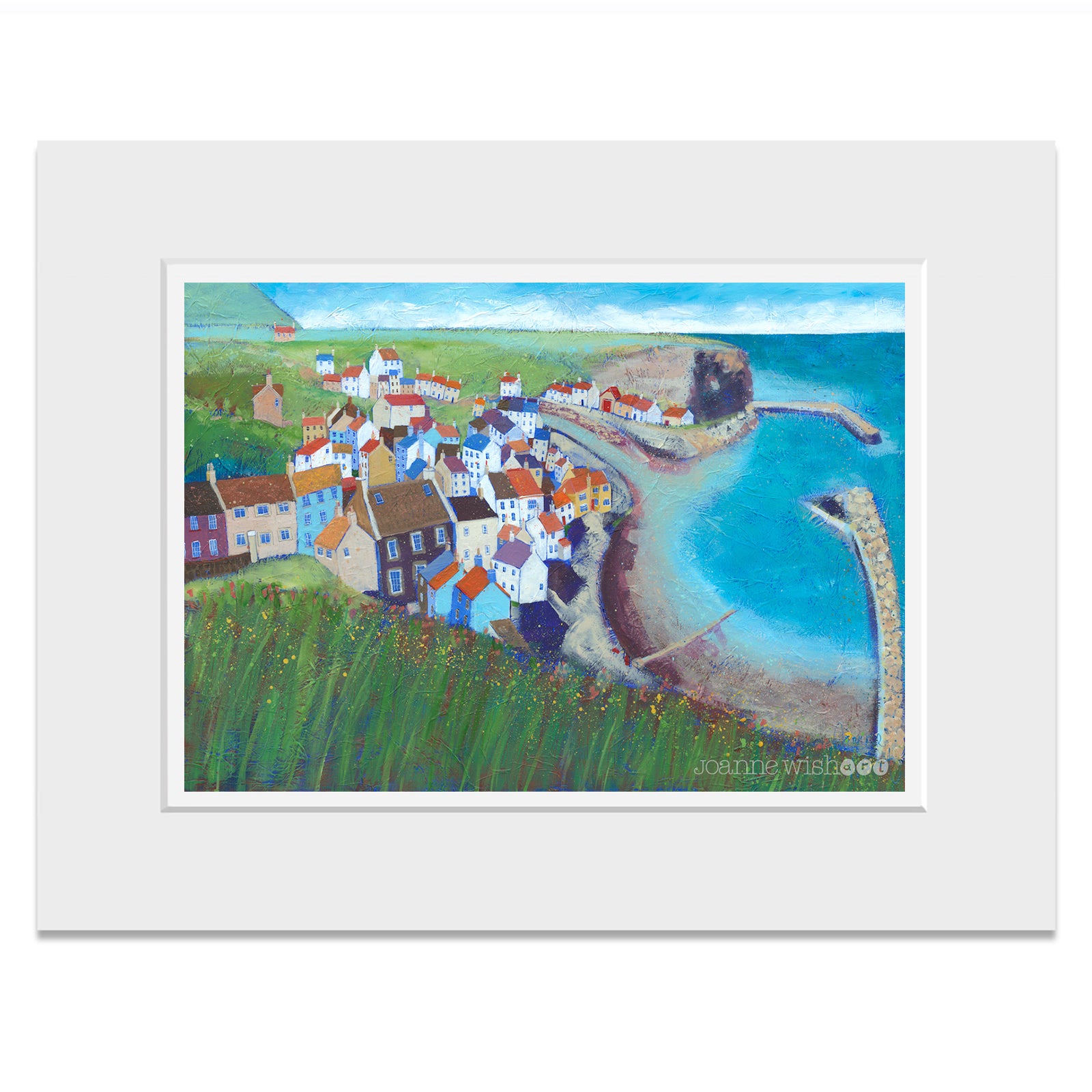 A mounted print of sunny Staithes as seen from the cliff top.